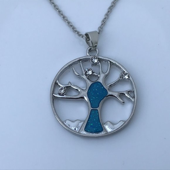 Hollow Tree of Life Pendant Necklace Blue Imitatio - Picture 4 of 7